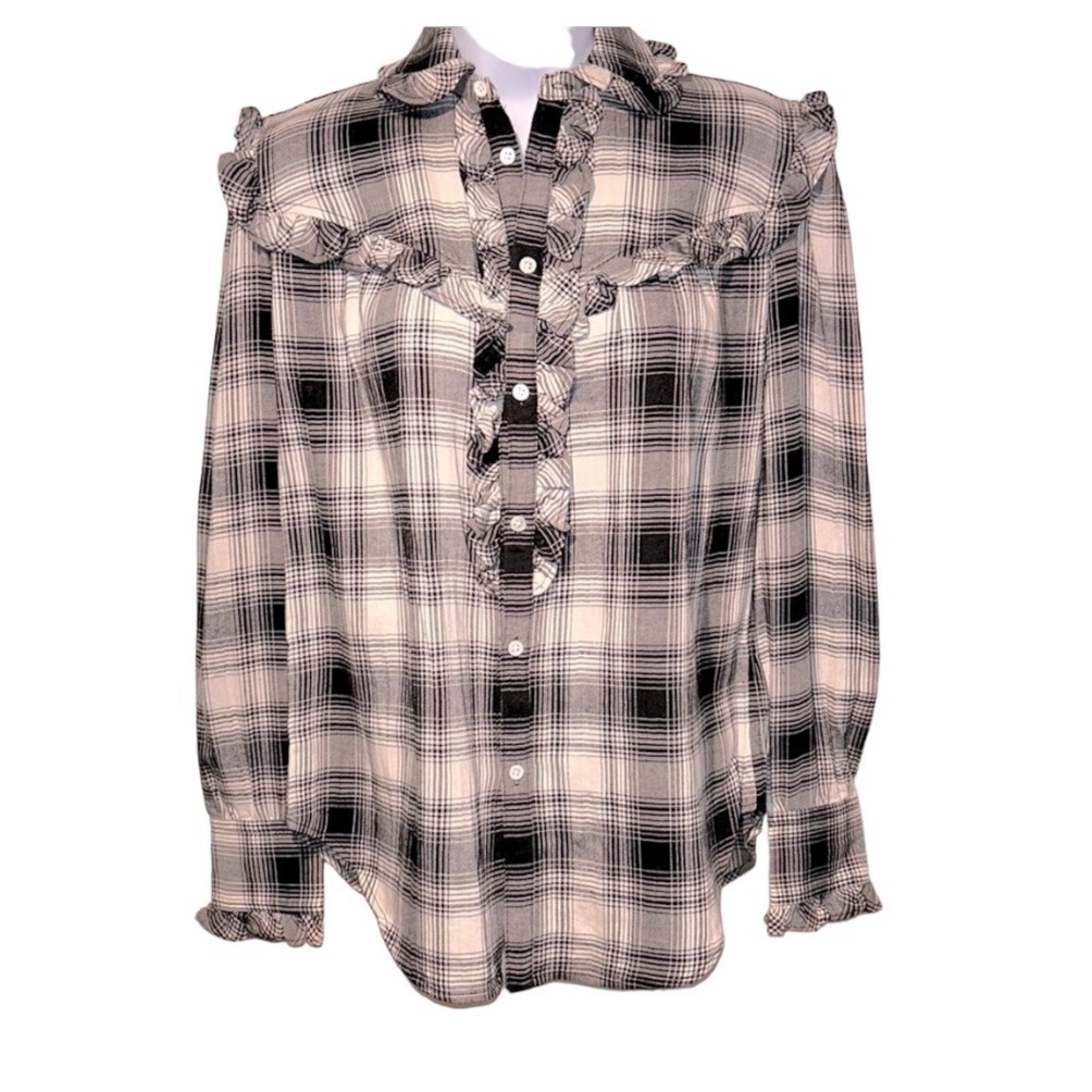 NEW Polo Ralph Lauren Western Black White Plaid Ruffled Button Down XS TP